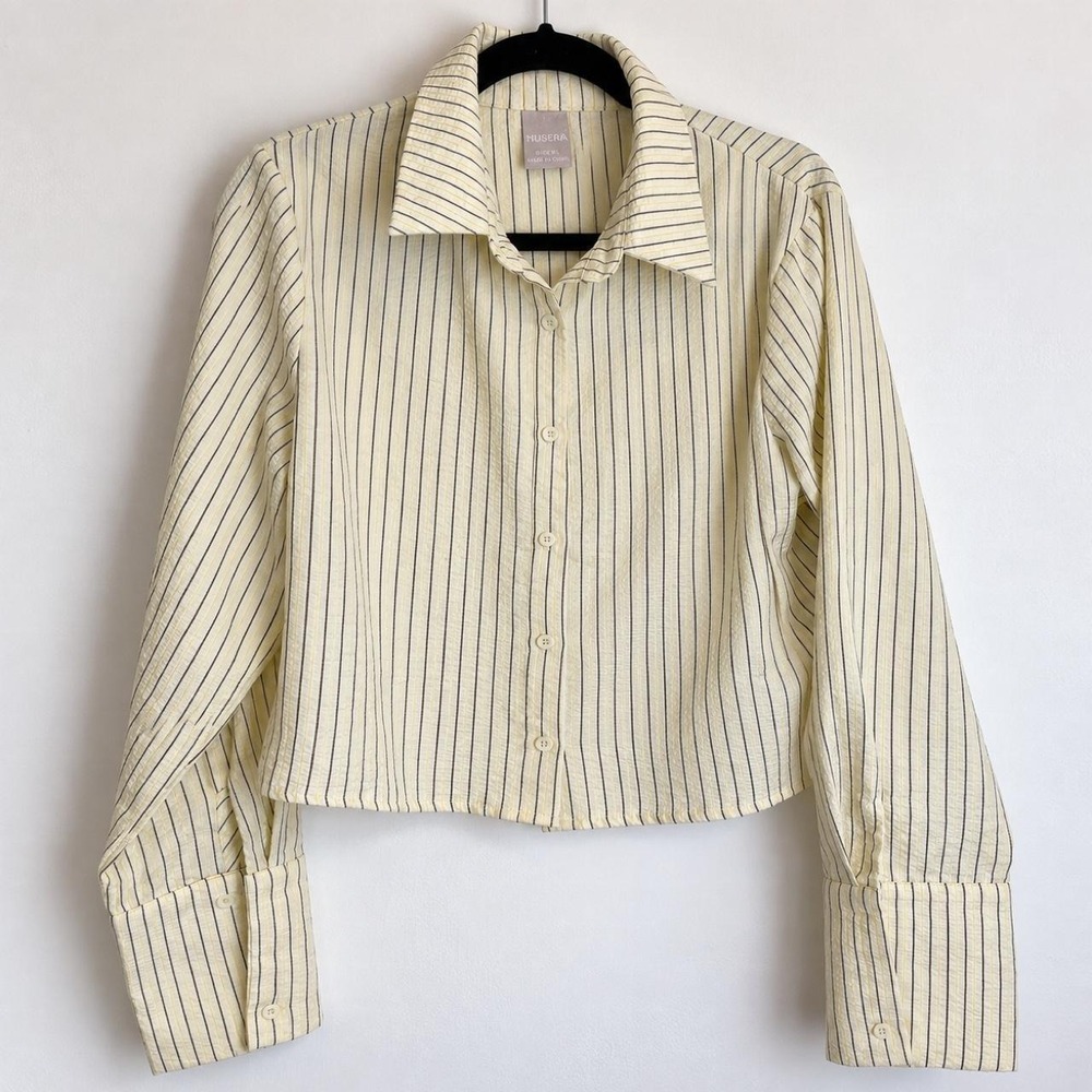 MUSERA Cream/yellow Striped Cropped Button-Up — XL